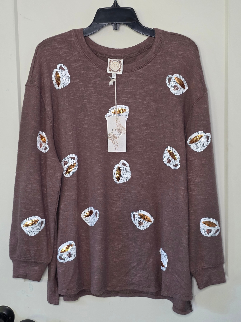 Tru Self - Brown Sequin Coffee Cup Graphic Long-Sleeve Tee